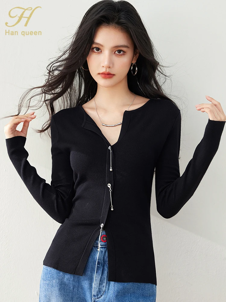 H Han Queen Simple Autumn Tee Elegant Long Sleeve T-Shirt Womens Korean Loose Casual Vintage OL Office Work Tops Female Clothing