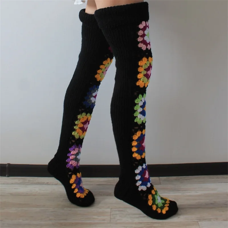 Women s Autumn Winter Thigh Socks Extra Long Ethnic Crochet Knit Stockings Over Knee Socks