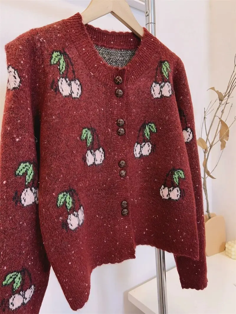 Korean Fashion Sweet Cherry Pattern Sweaters Cartoon Jacquard Single Breasted Long Sleeve Cardigan Aesthetics Sweater Women