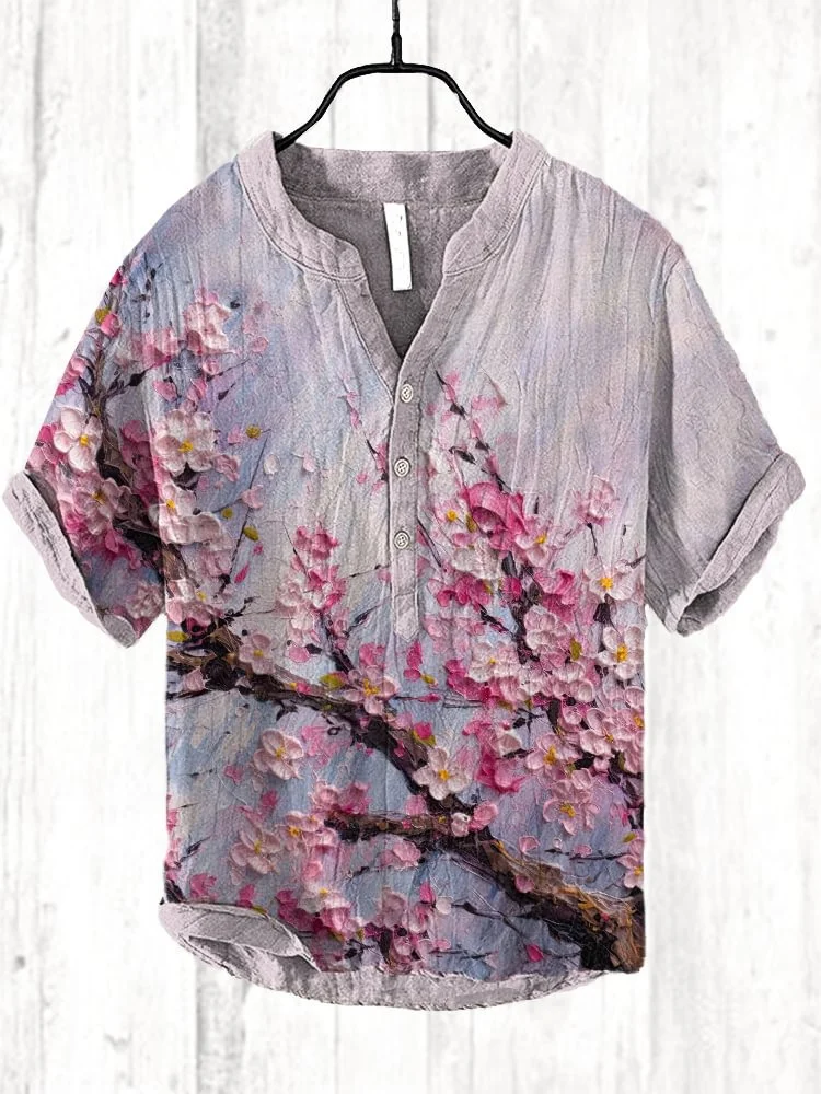 2025 Summer Men's Short Sleeve Polo Shirt Linen Printed Shirt Japanese and Korean Fashion Style Original Large Size
