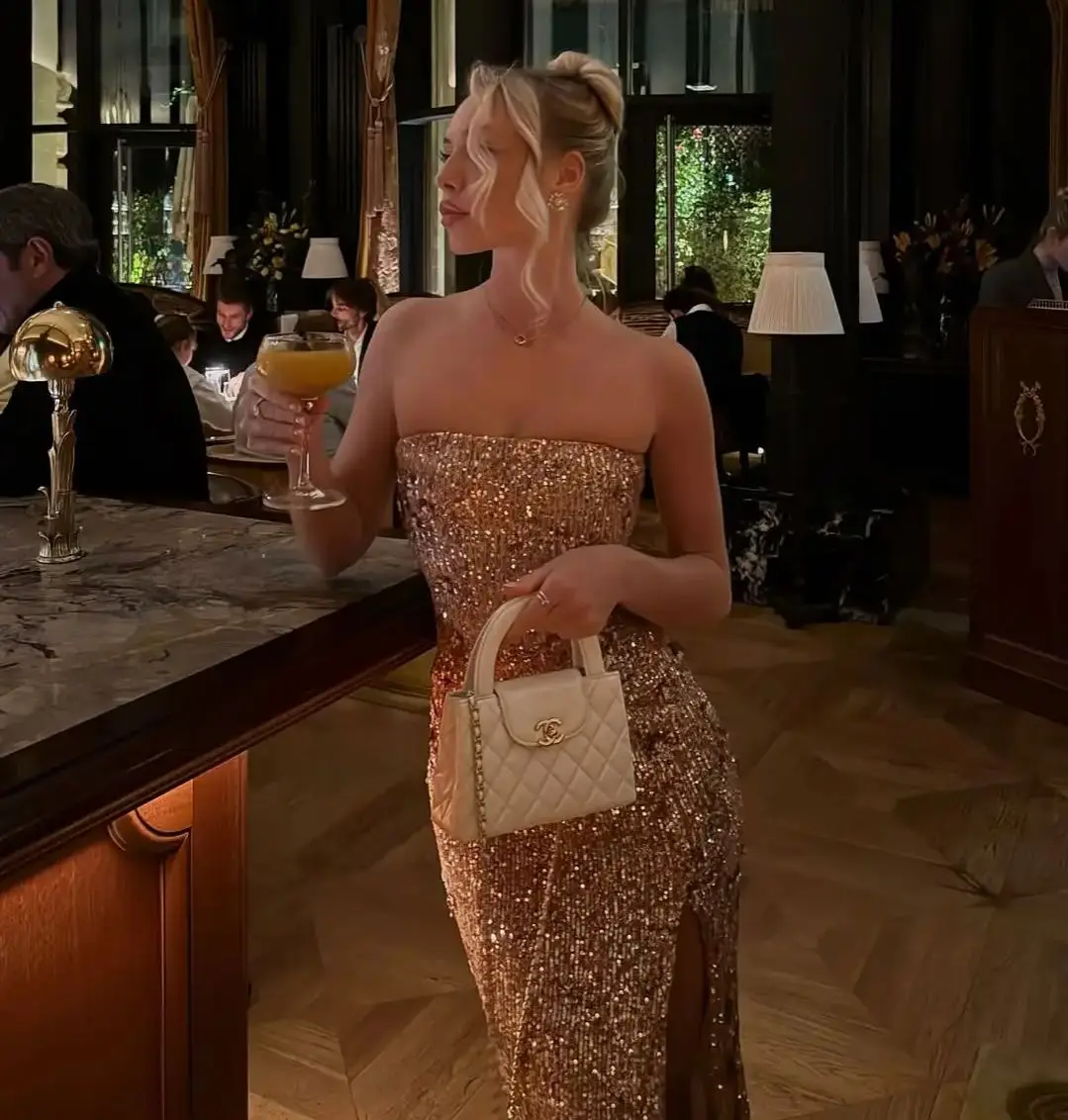 

Ofherown Champagne Gold Sequin Strapless Evening Dress Women Slit Bodycon Maxi Gown Formal Party Prom Gala Cocktail Dress