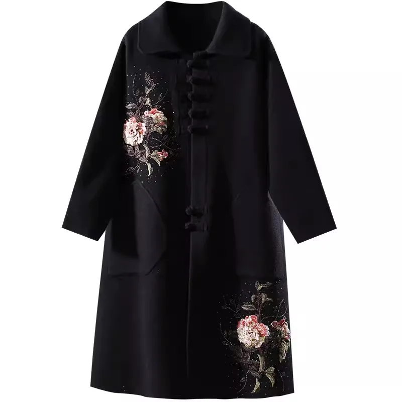 Chinese National Retro Embroidery Flowers Autumn Winter Mid Length Knitted Coat For Middle Aged Elderly Mom Overcoat Cardigan