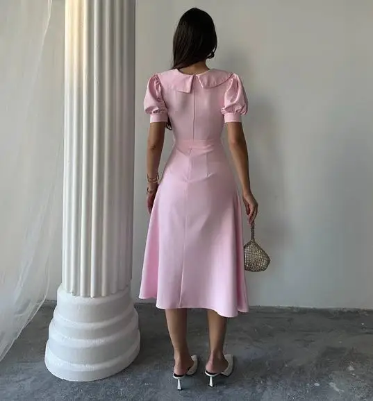 

Autumn New Lace Up Casual Dress for Women, Elegant and Slim Fit, Girlish Style, with A Lapel and Bubble Sleeves, A-Line Dress