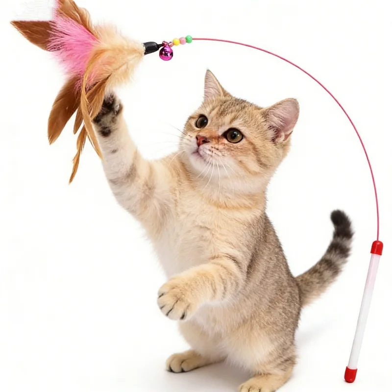 Rotating Feather Cat Interactive Toy Long Steel Wire Pole Funny Playing Wand Kitten Boredom Relief Pet Daily Supplies
