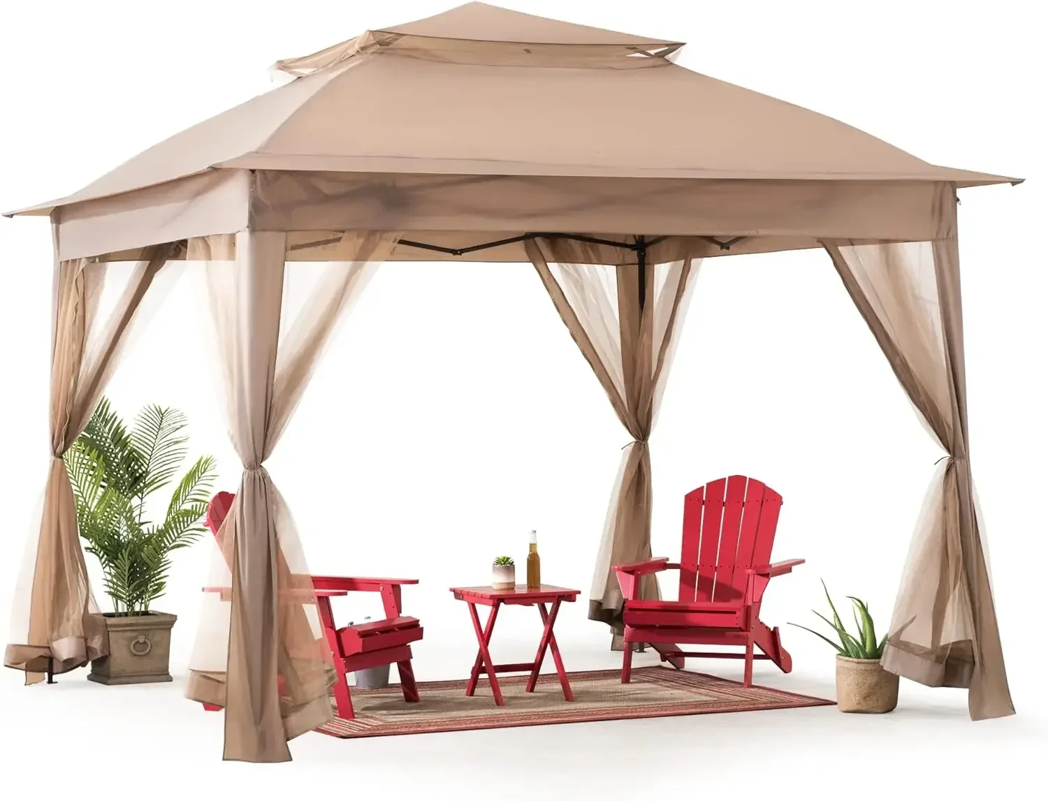 11x11 ft.Pop-Up Instant Gazebo,Outdoor Portable Steel Frame 2-Tier Top Canopy/Tent with Netting and Carry Bag,Khaki