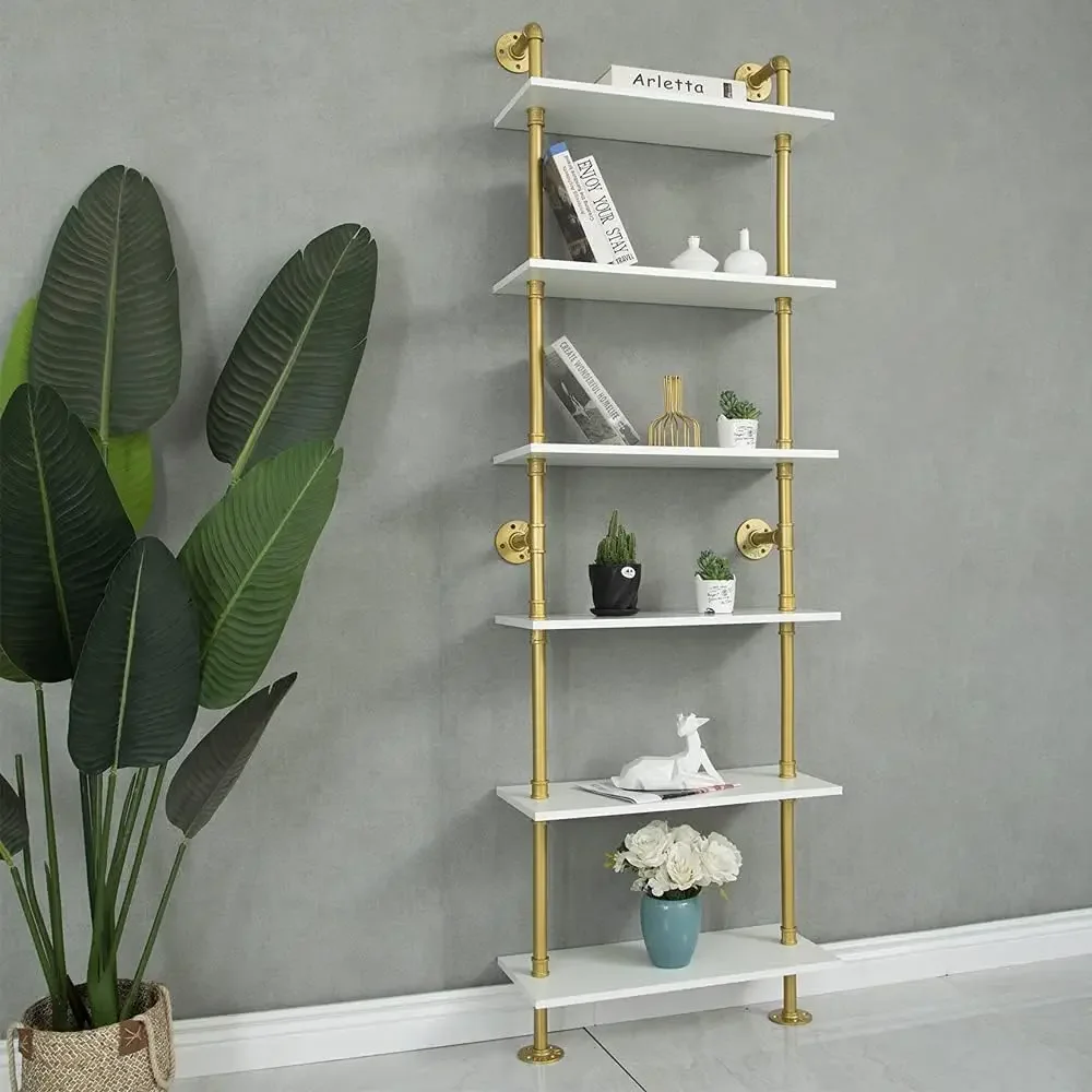 Industrial Gold Bookshelf-6 Tier Wall Mounted Ladder Bookshelf, Rustic Gold Storage Book Shelves Display Bookcases