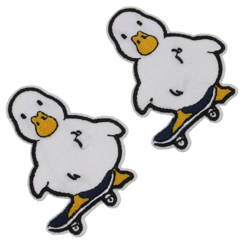 2PCS Iron on Patches Cloth Duck on Skateboard Embroidered Iron Patch White 5.2*6.2cm on Embroidered Patch for T-Shirts