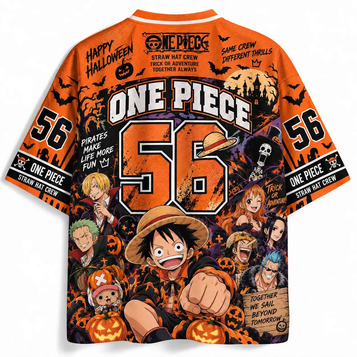 One Piece Straw Hat Team Halloween No. 56 Mesh Shirt Men's and Women's Short Sleeved T-shirt Anime Cosplay Halloween Party