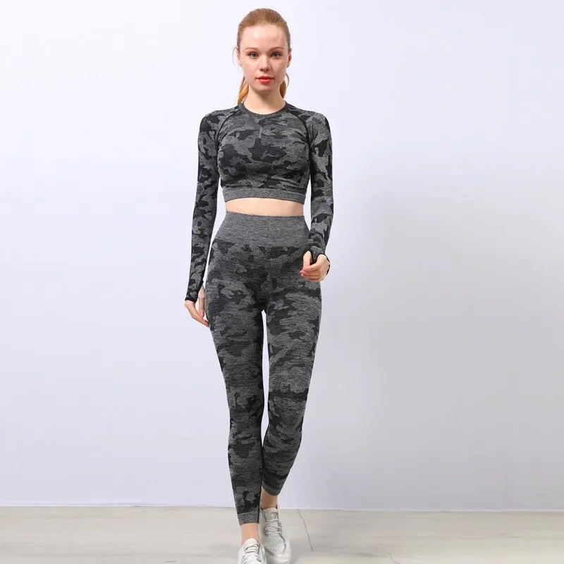 

2PCS Long Sleeve Sports Top Leggings Yoga Suits Camouflage Printed Seamless Women Workout Outfits Running Gym Fitness Sportswear