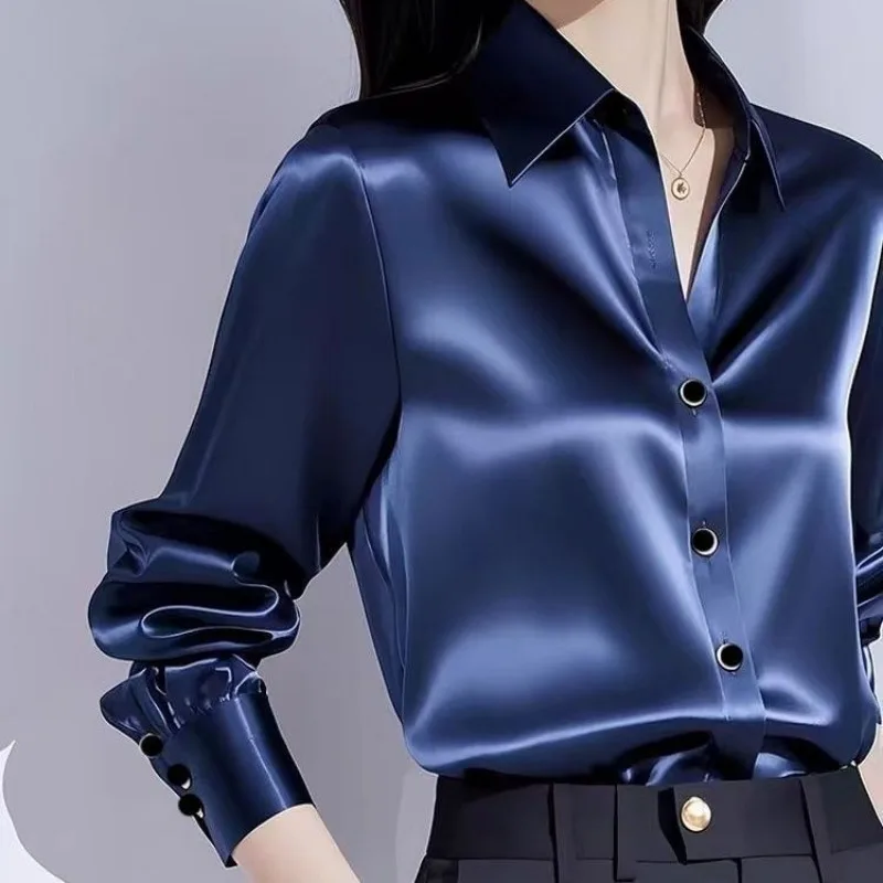 

Loose Women's Long-sleeved Silk Shirt Solid Color Top