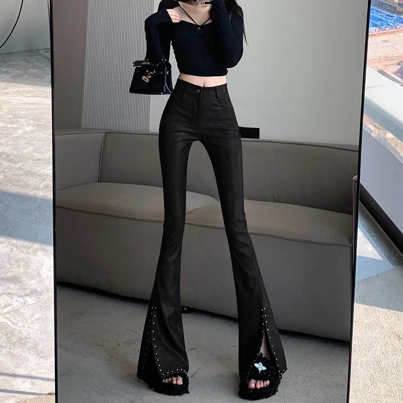 American Fashion Flare Leather Pants Women Temperament Bead Split Cool Motorcycle High Waist Slim Spicy Girl Spring Mop Pant New