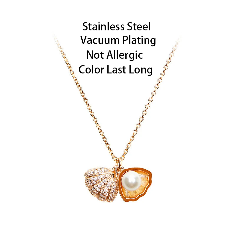 Korean Style Sweet Zircon Inlaid Open Pearl Shell Pendant Women Necklace Female Stainless Steel Party Jewelry Ladies Neck Chain