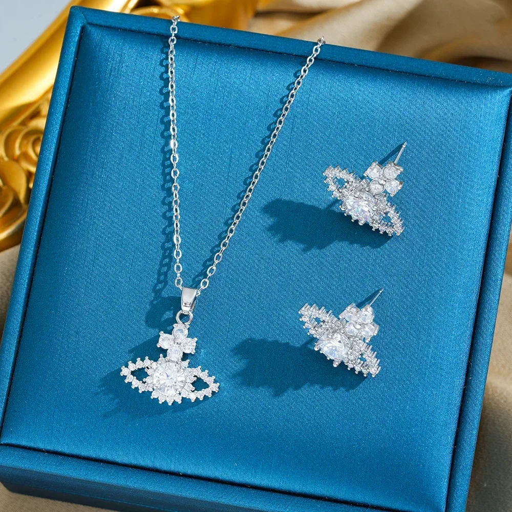 

2025 new High-end zirconium Saturn titanium steel necklace for women, light luxury and dazzling fashion set, collarbone chain