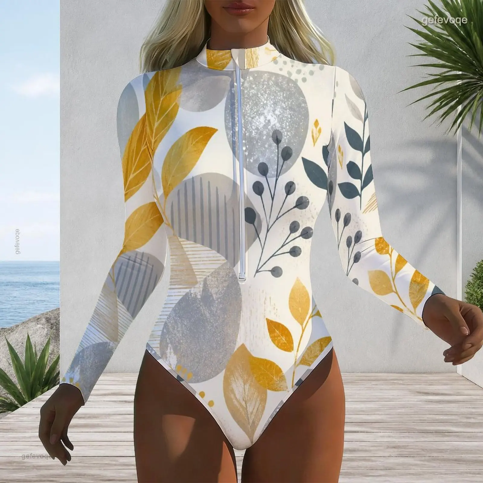 Women Swimsuit with Print High Neck Front Zip Long Sleeve One Piece