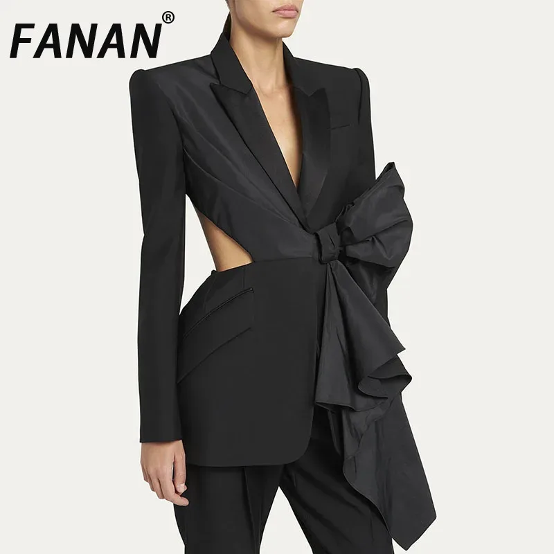 

FANAN Hollow Out Design Black Blazers For Women Bow Long Sleeve Gathered Waist Jackets Female Coats 2025 Spring New Tide Tops