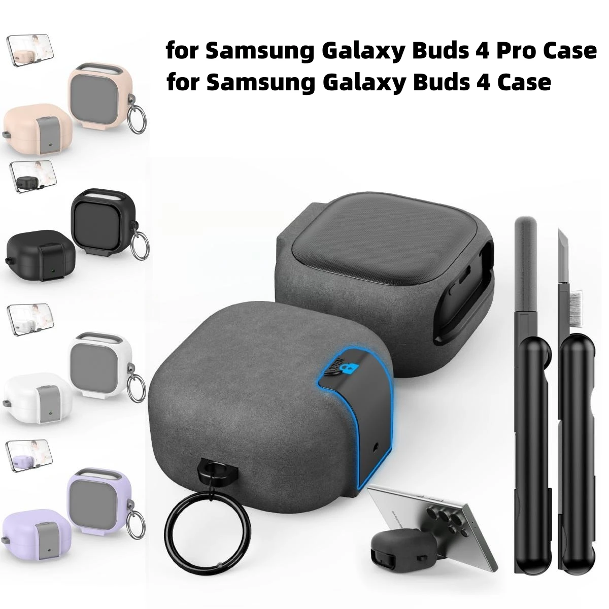  For Samsung Buds 4 Pro Buzz 4 Pro Earphone Charging Case Security Lock Shockproof Protect Case for Buds 4 Pro with Phone Stand