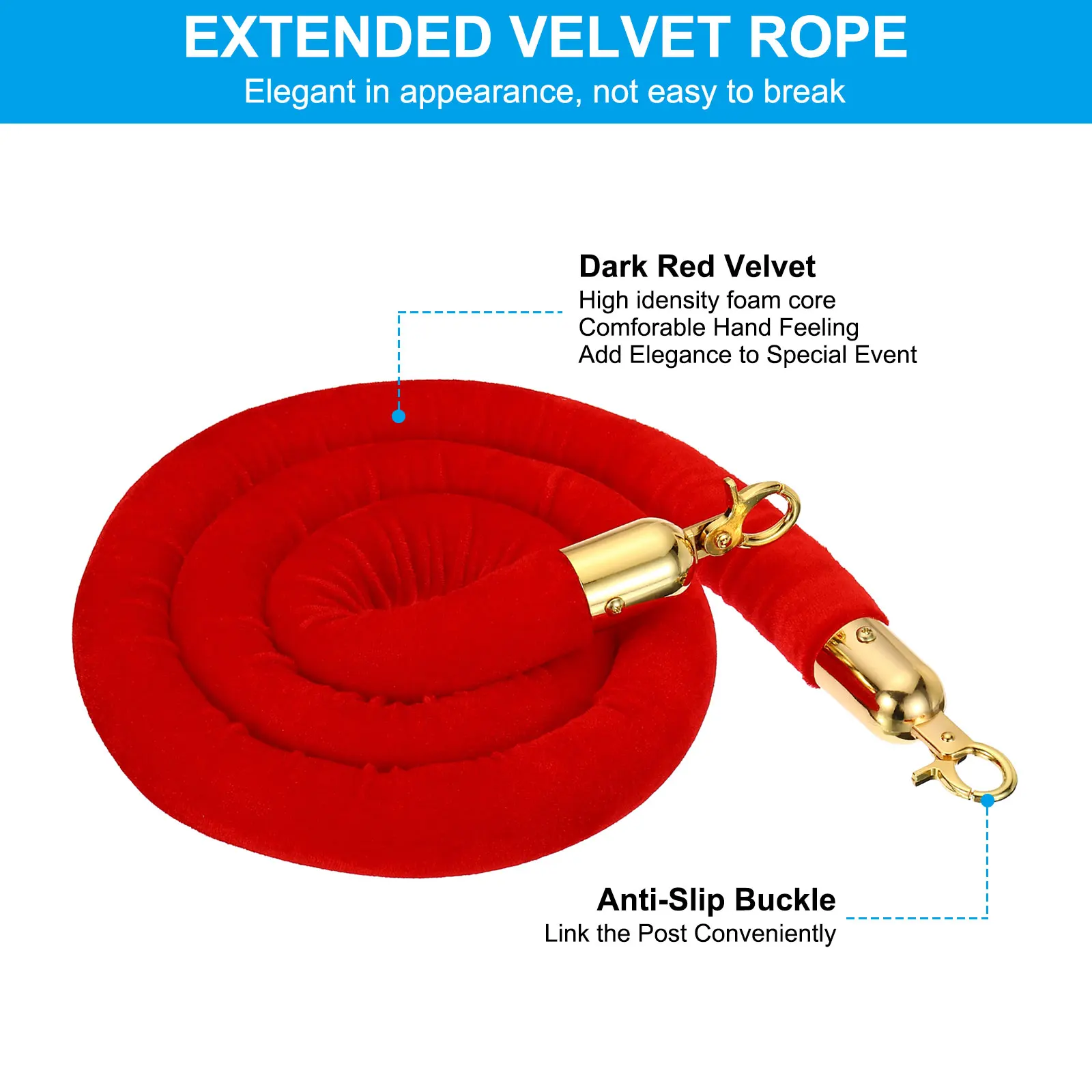 1-1.5M Velvet Stanchion Rope Crowd Control Barrier Rope with Snap Hooks Cordon Lanyard for Posts Stand Queue Divider of Hotel image 3