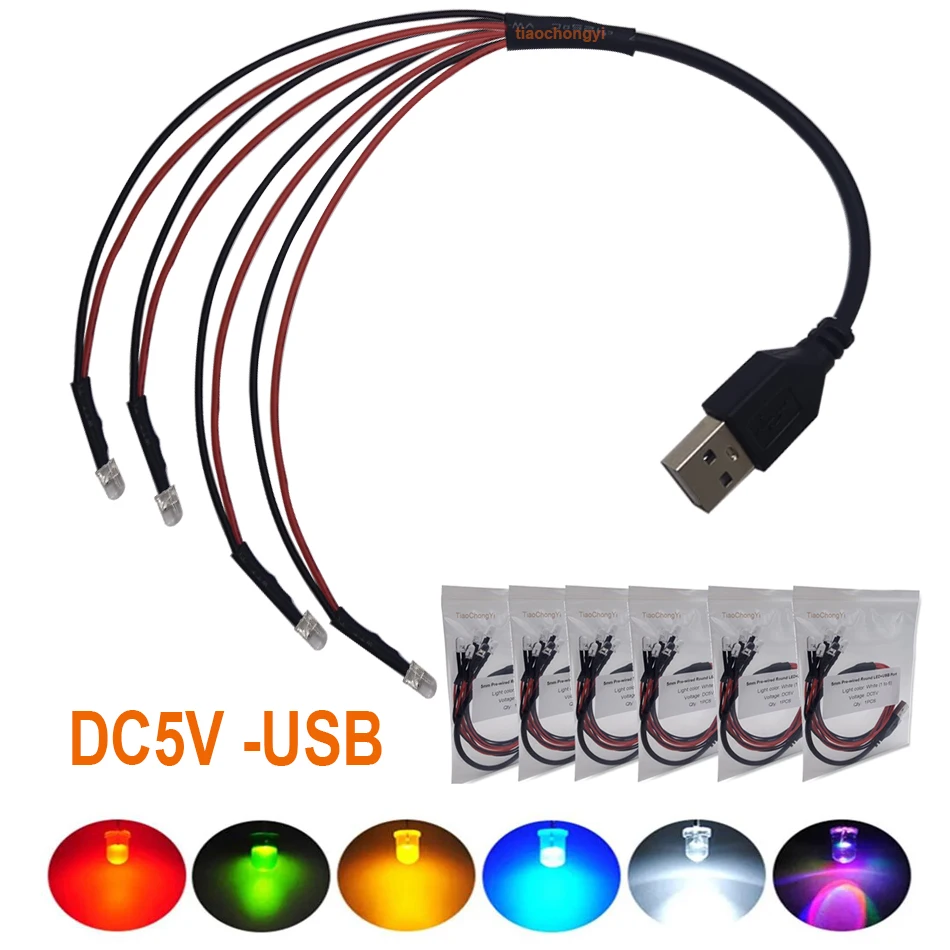 

USB Port with DC5V 3mm 5mm Pre-wired Round LED Model Light light-emitting diode Blue Red Yellow For DIY Night Light Manual Light