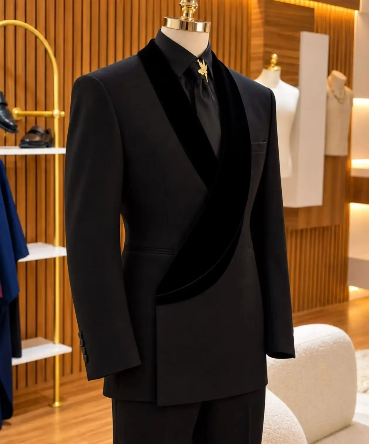 Black Formal Suit 2 Pieces Men Asymmetrical Velvet Lapel Tuxedo Blazer Pants Slim Fit Elegant Business Groom Wedding Customized