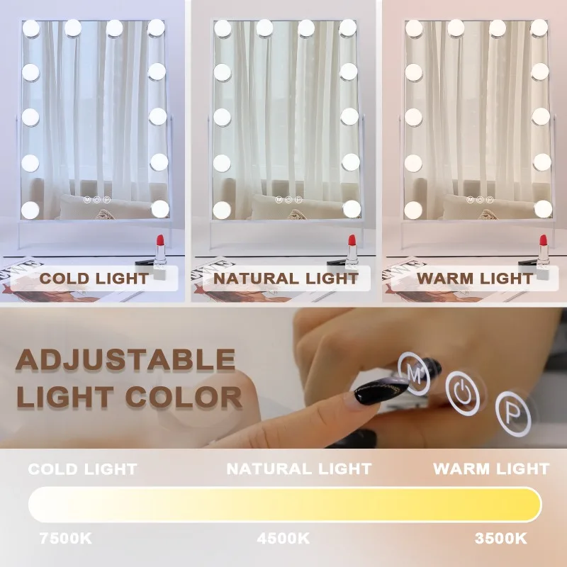 Hollywood Vanity Makeup Mirror With 12 LED Bulbs Perfect Size 11.81''×16.14'' White 360 Degree Rotation Smart Control 3