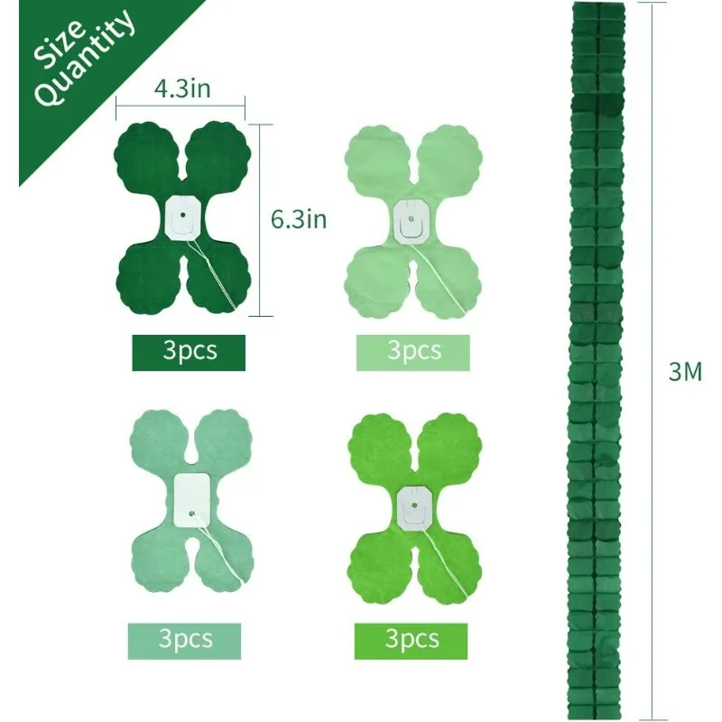 Four Leaf Clover Paper Garland Green Irish Theme Streamer Tissue Flower Hanging Wedding St Patricks Day Decorations Decor 12Pcs