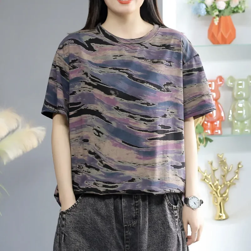 Women's Purple Abstract Marble Print Short Sleeve Oversized Casual T-Shirt
