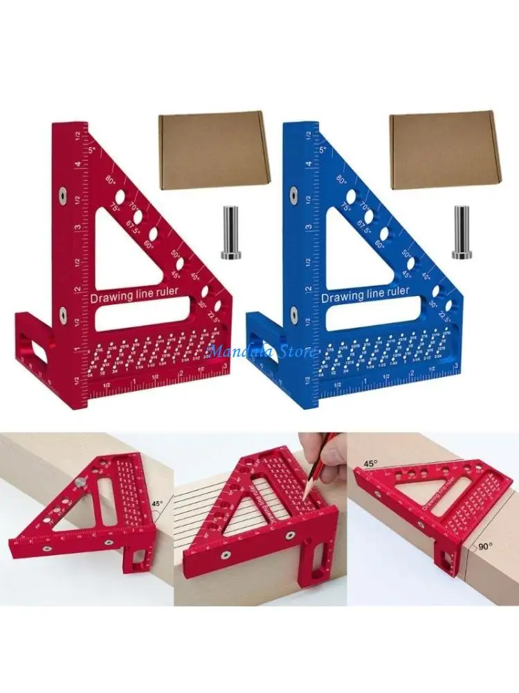 

U2JC AluminumAlloy Miters Triangle Ruler 45°/90° Woodworking Square Protractors Tool