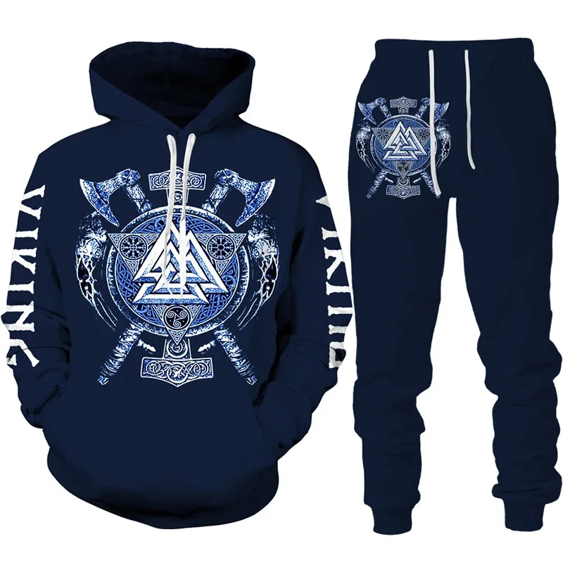 Otoño Invierno 3D impreso guerrero vikingo hombres chándal moda Sudadera con capucha 2 uds conjunto niños Casual hombres mujeres deportes callejeros trajes para correr