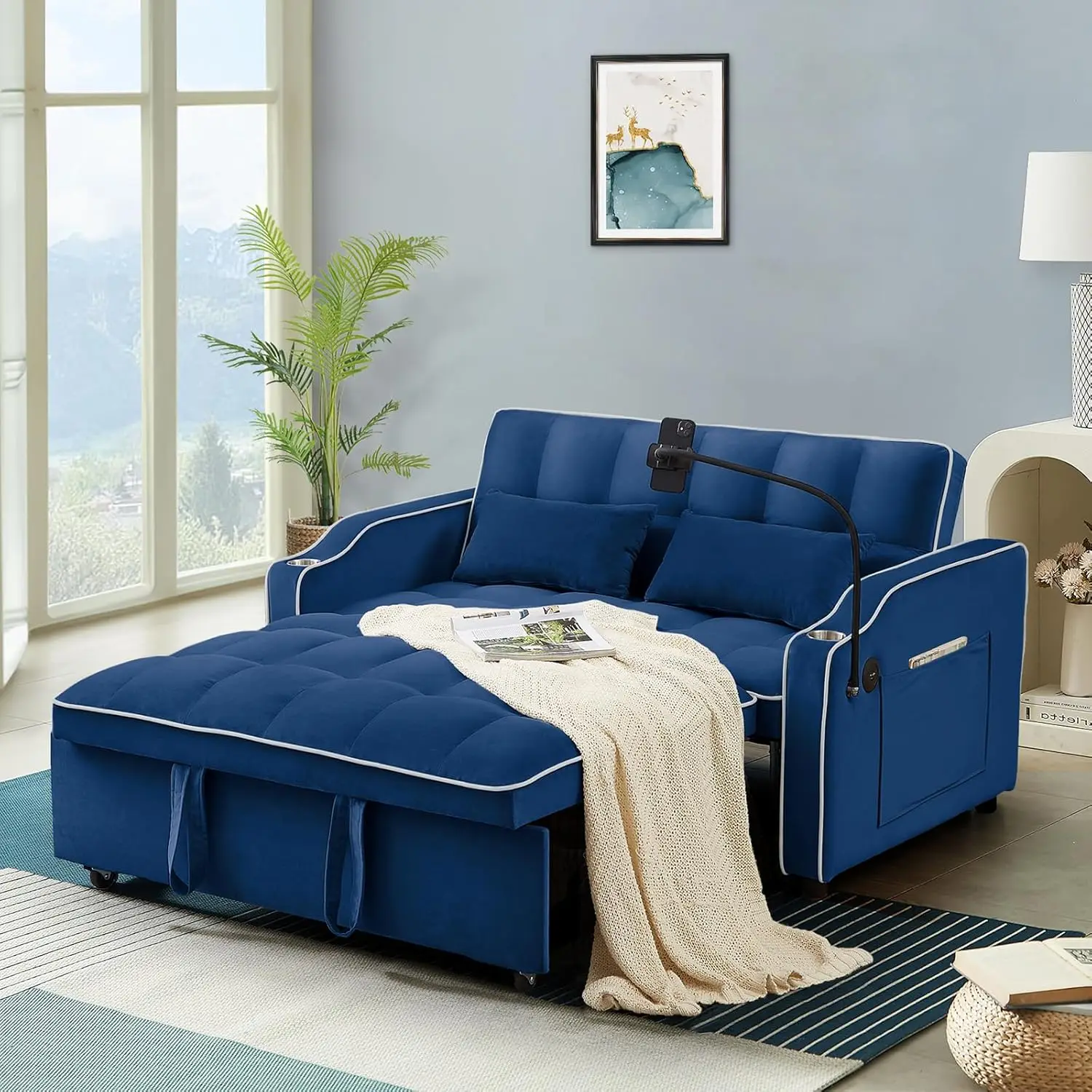 Sleeper Sofa Couch Bed With Usb Type C Port Modern 3-In-1 Convertible Velvet Pu…