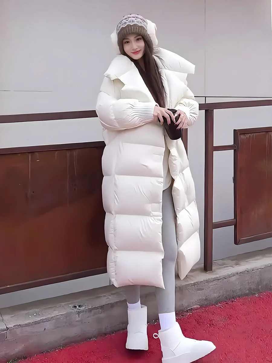 

Ультратонкая белая пуховая куртка с большим воротником для защиты от сильного холода, женская модная универсальная верхняя одежда для города, средней длины