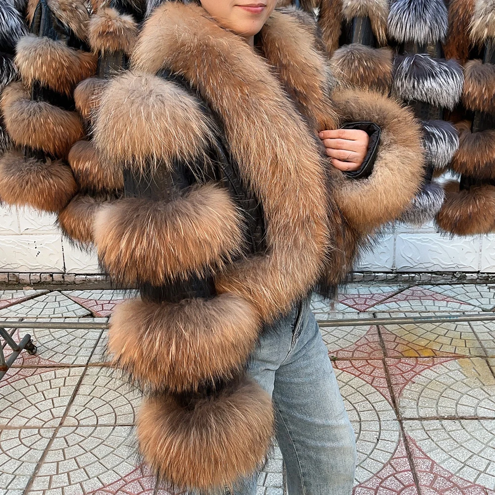 QUEENTINA 리얼 너구리 모피 코트 새로운 Outwears 겨울 여성 패션 럭셔리 자켓 악어 의류 천연 여우 모피 2024