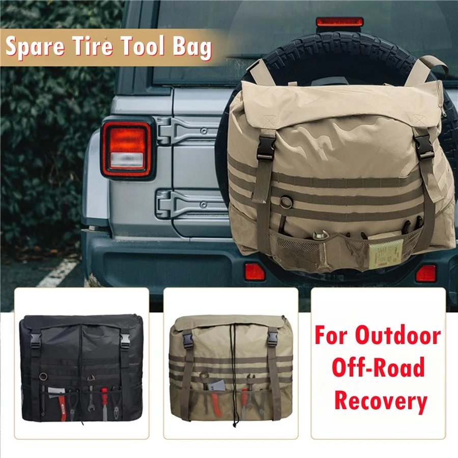 Black Khaki Large Capacity Outdoors Spare Tire Tool Storage Bag Trash Bag SUV Trunk Organizer for Outdoor Off-Road Recovery Gear