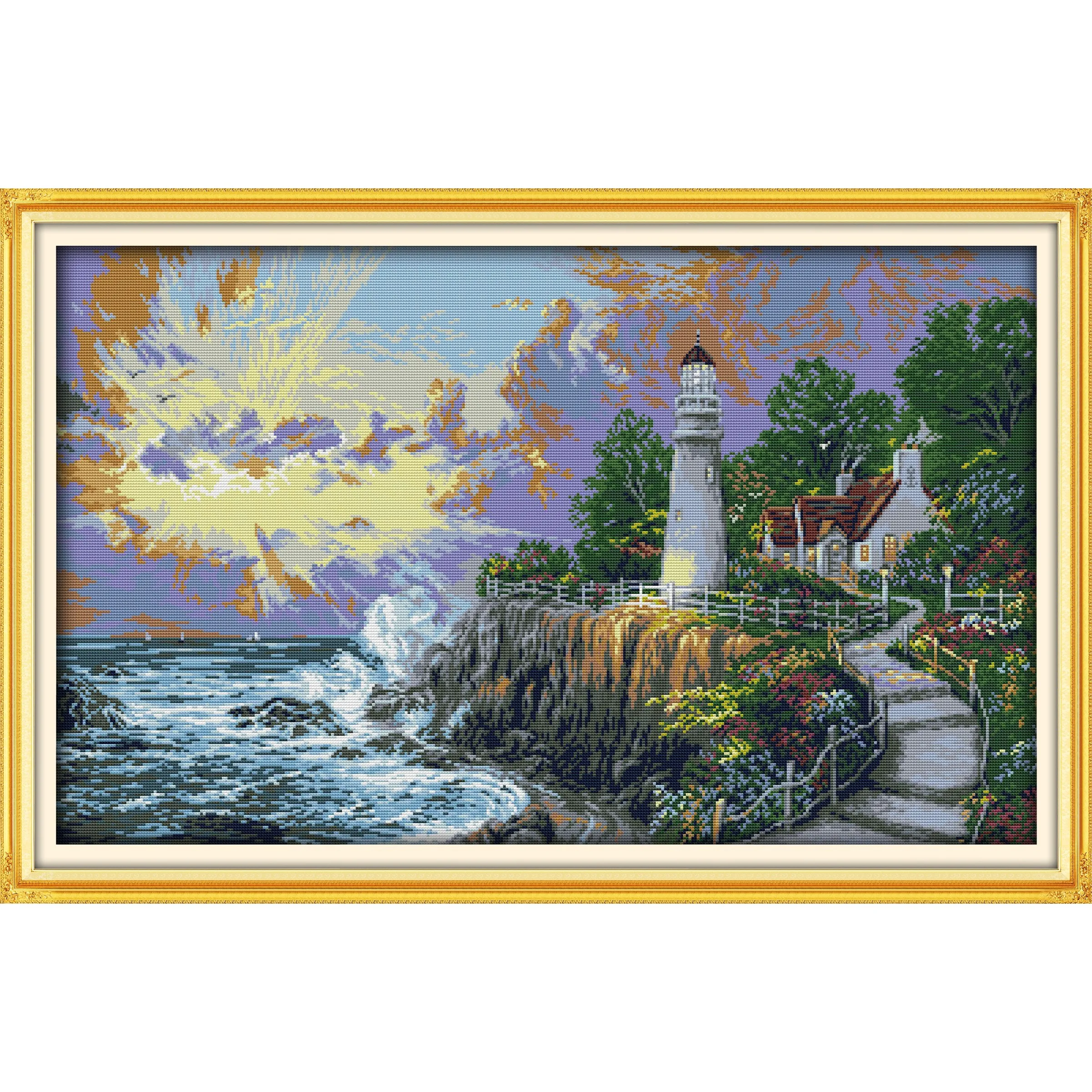 

Soulgift News Pre-Printed Cross Stitch Kit, Stamped Aida Fabric with DMC Threads, Embroidery Kit - Seaside Lighthouse