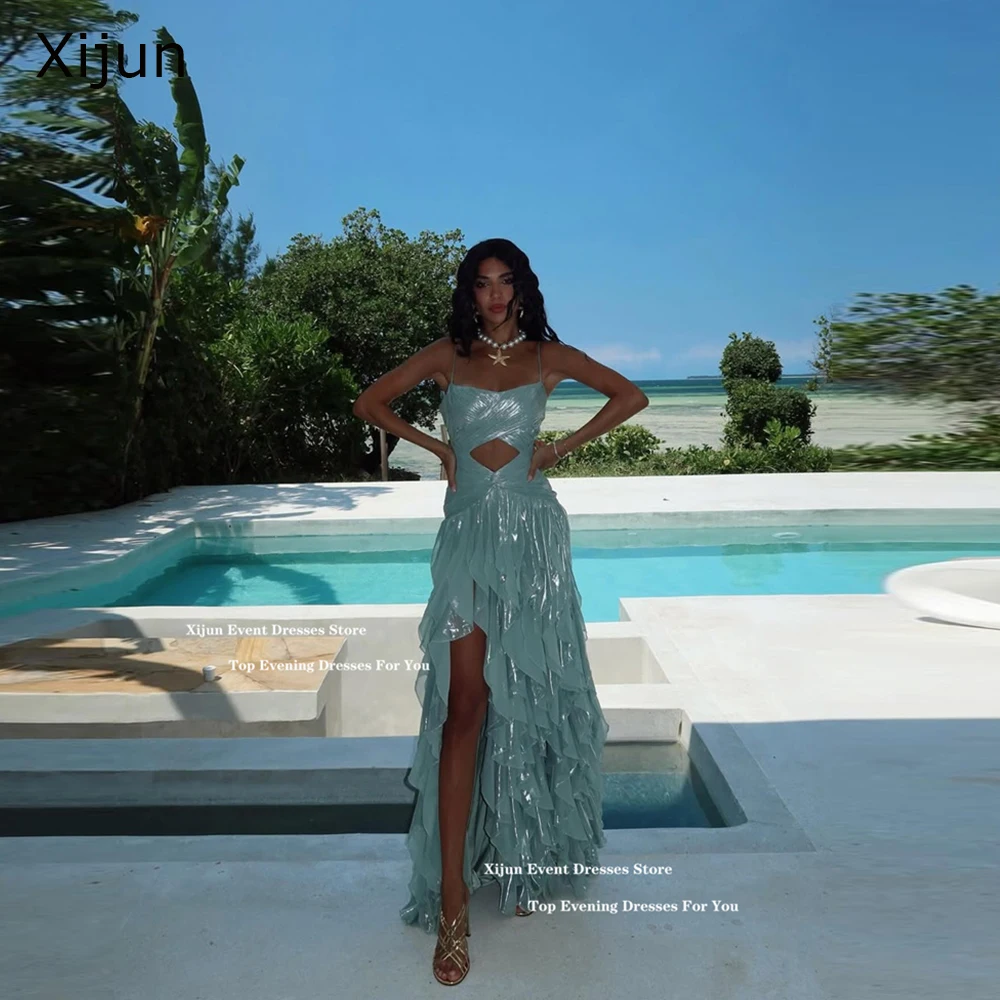 

Xijun Green Long Evening Dresses Tiered Ruched Sleeveless Formal Prom Dresses Split A-Line Floor Length Prom Gowns Customized