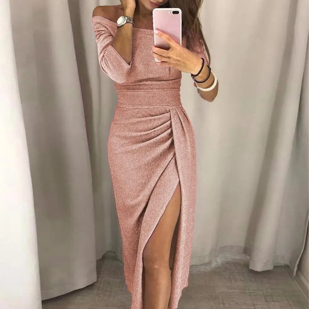 Glanzende Vintage Off Shoulder Vrouwen Jurk Geplooide Bodycon Jurk Sexy Hoge Taille Dame Split Avondjurken Elegante Feestjurk