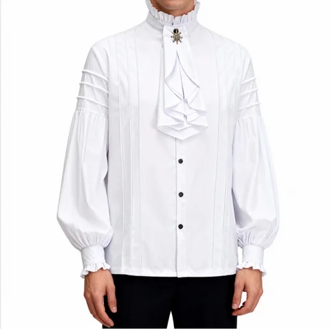 White Cotton Ruffled Stand Collar Long Lantern Sleeves Pirate Cosplay Victorian Man Shirt Medieval Clothes Gothic Vintage Top