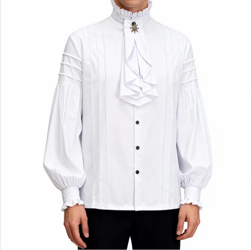 Camisa de algodón blanco con volantes y cuello levantado, mangas largas acampanadas, Cosplay de pirata, camisa victoriana para hombre, ropa Medieval, Top gótico Vintage