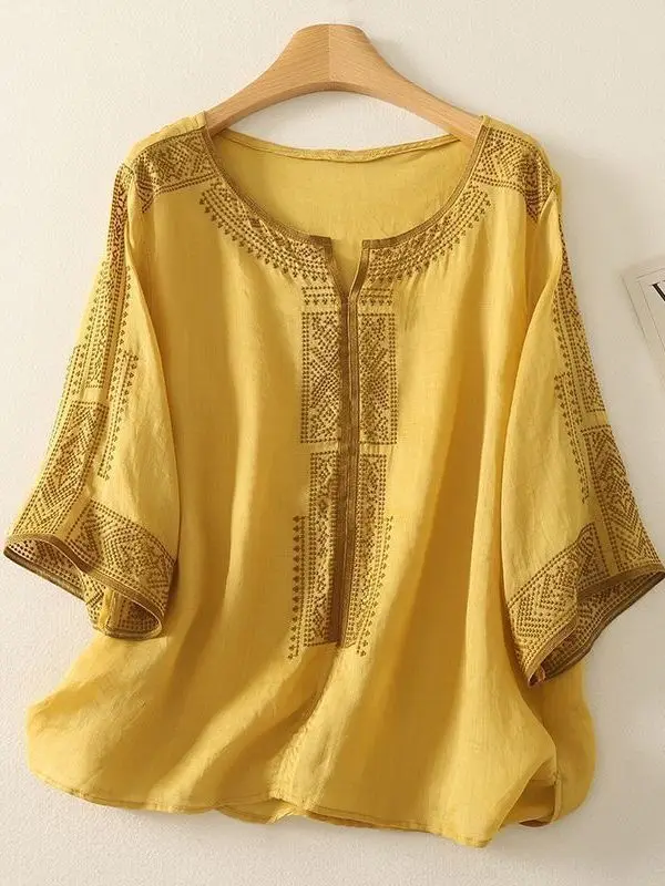 Elegant Embroidered Hemp Shirt Women Summer Loose Fit