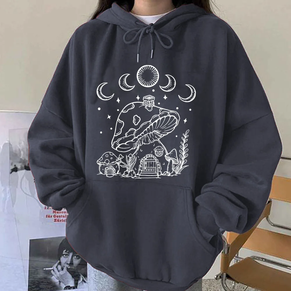 

Seeyoushy Sun Moon Mushroom Print 2023 Printed Long Sleeve Ladies Tops Y2K Trend Streetwear Casual Fall/Winter Hoodie Harajuku