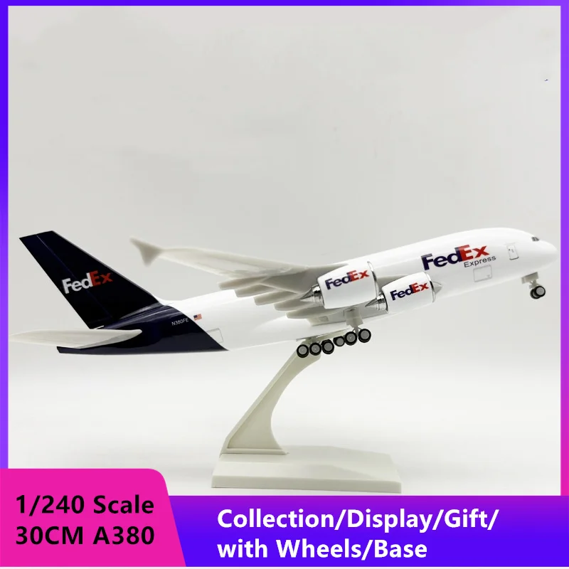 Avión a Escala de 30 cm, 1/240, Avión Fedex A380, Modelo de Avión de Resina con Ruedas y Tren de Aterrizaje, Juguete de Avión, Decoración de Oficina