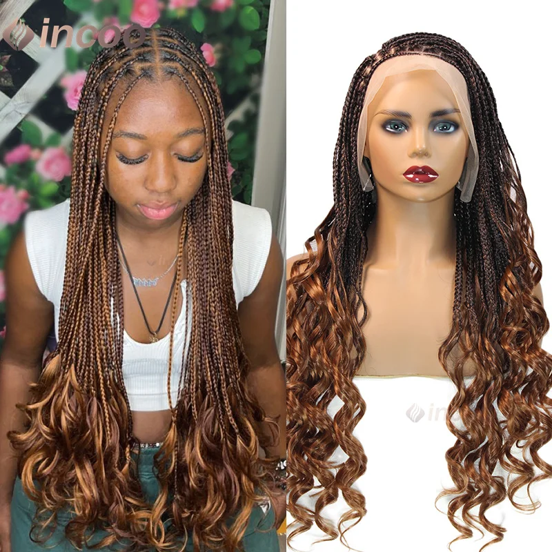 

28" Synthetic Box Braided Wigs Ginger Blonde French Curly Knotless Braided Lace Wigs for Women Full Lace Square Part Baby Hair