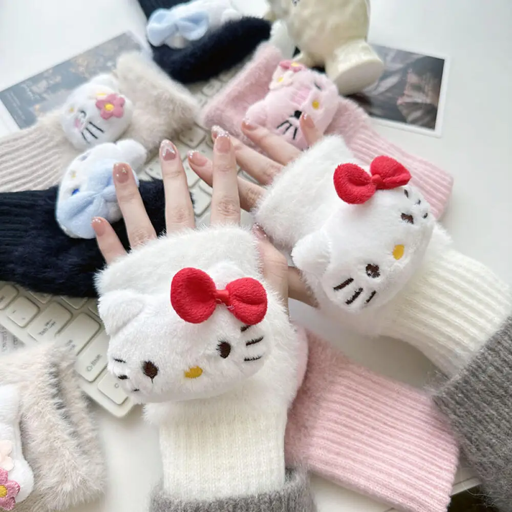 Sanrio Hello Kitty Half-fingered Glove Cute Cartoon Kitty Cat Stuffed Doll Writing Wrist Guard Gloves Girls Thicked Warm Gloves