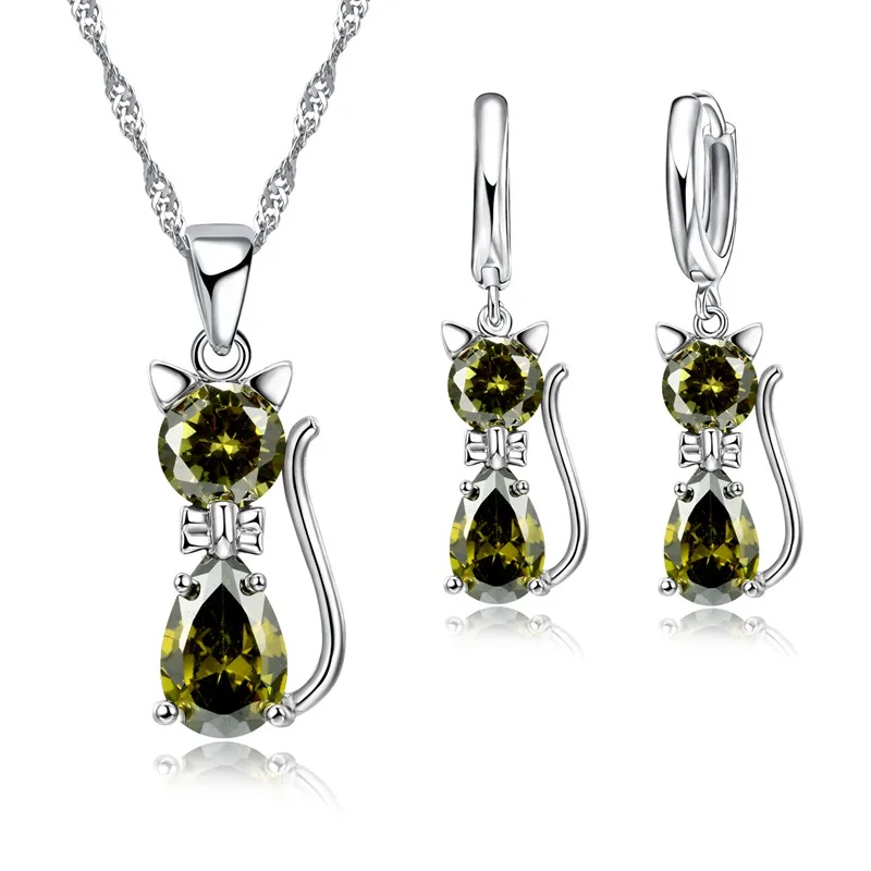Heiße Mode Silber CZ Schmuck Sets 925 Silber Nette Katze Geformt Halskette Hoop Ohrring Set Für Frauen/mädchen Geschenke