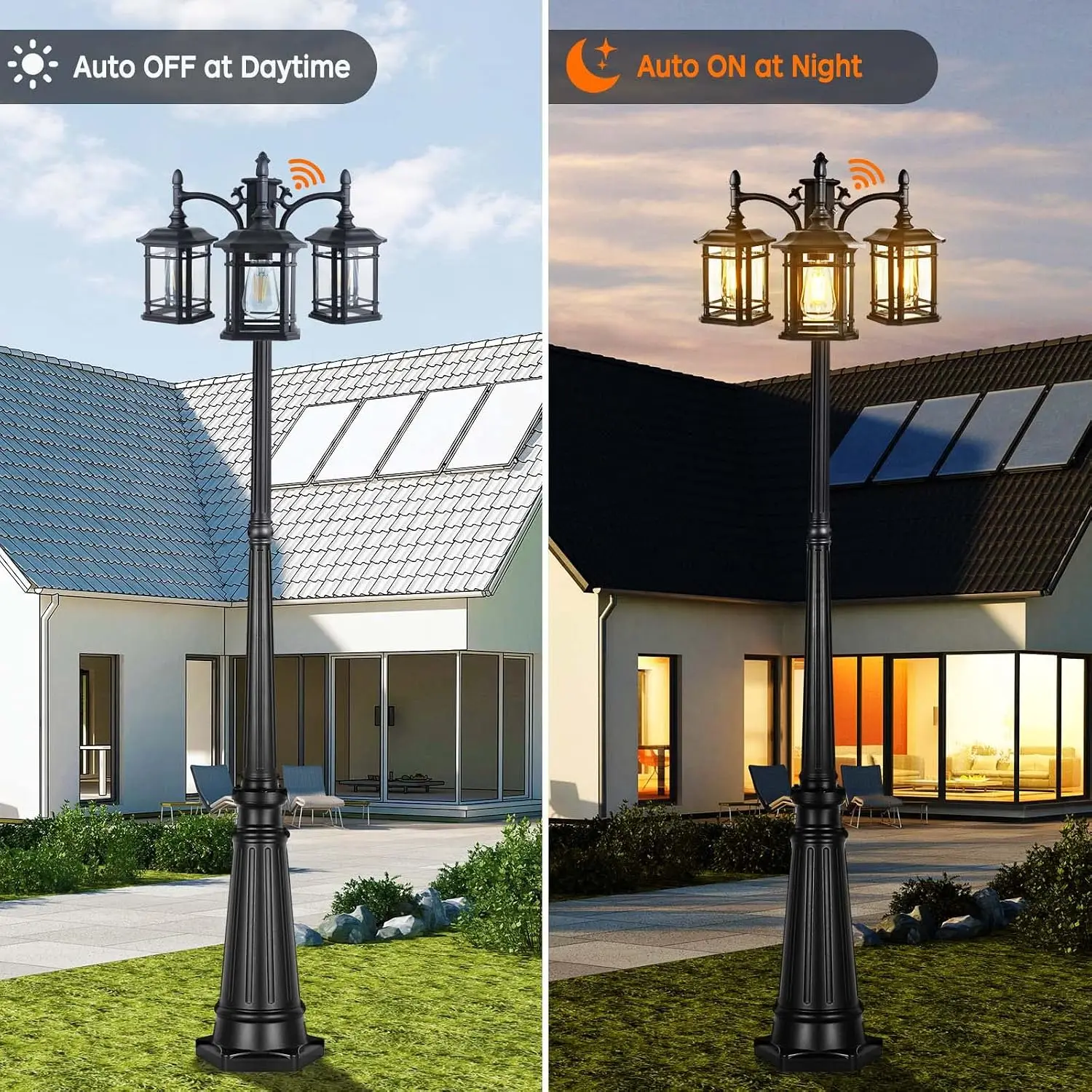Outdoor lamp post lights dusk to dawn black clear glass panels 3 led bulbs 3 head hardwired waterproof driveway backyard garden