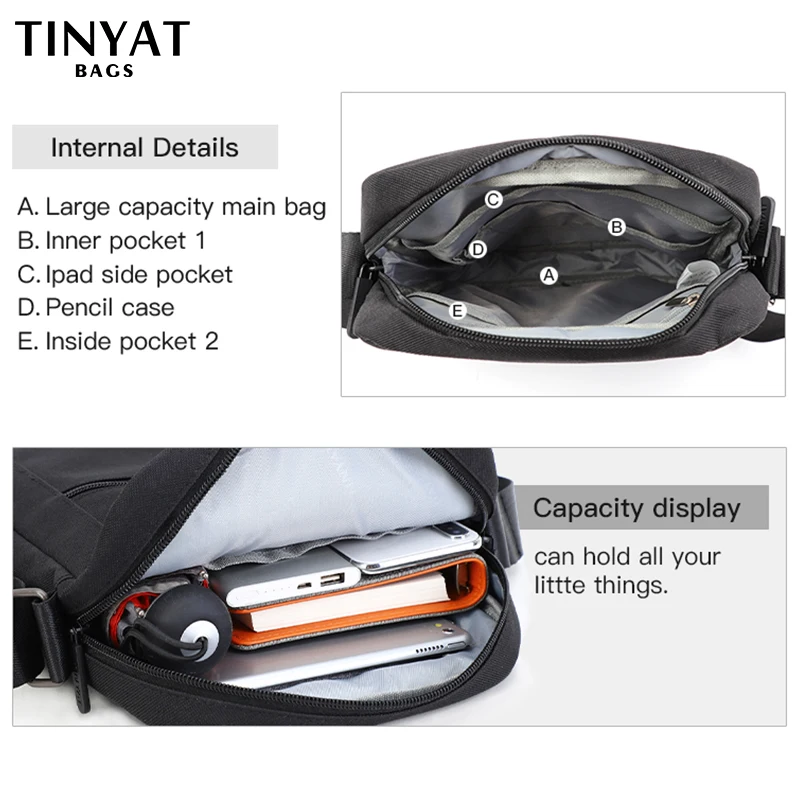 TINYAT Business Men\'s Shoulder Bags for 9.7\' ipad Canvas Male Messenger Bag Waterproof Casual Husband Crossbody Bag 9 Pockets