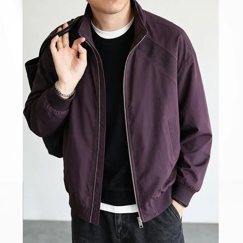 Men American Stand Collar Bomber Jacket Autumn Deconstruction Splicing Loose Zip Casual Coat
