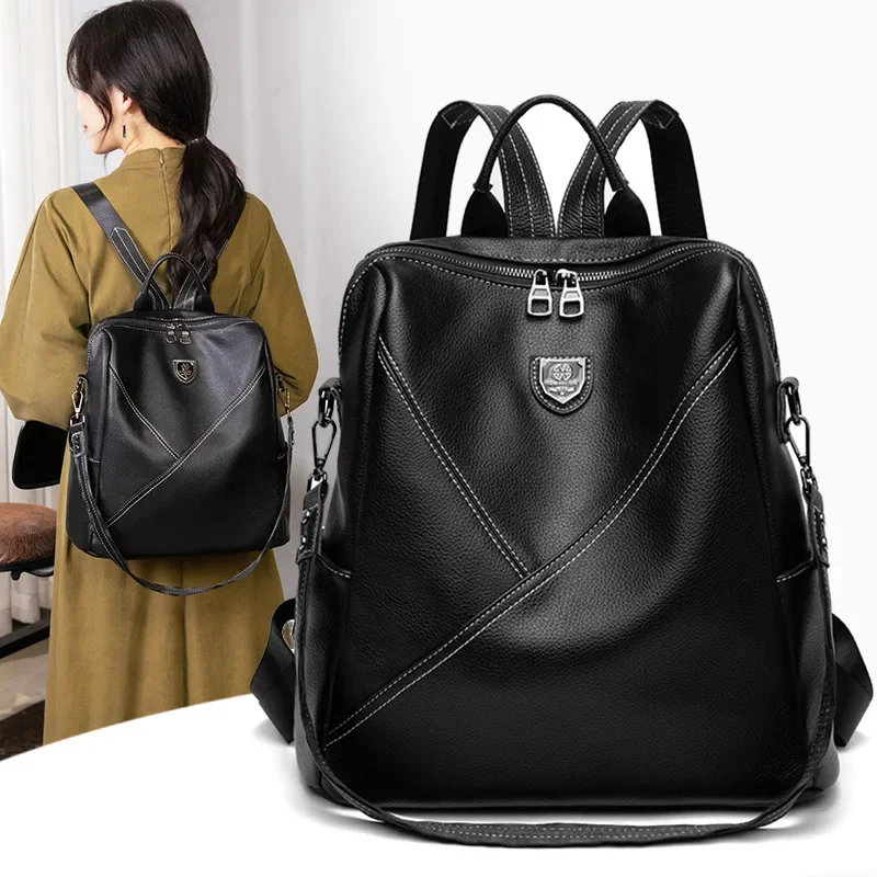 Genuine Leather Fashion Women's Trend Cowhide Travel Backpack Large Capacity Ladies School Bag