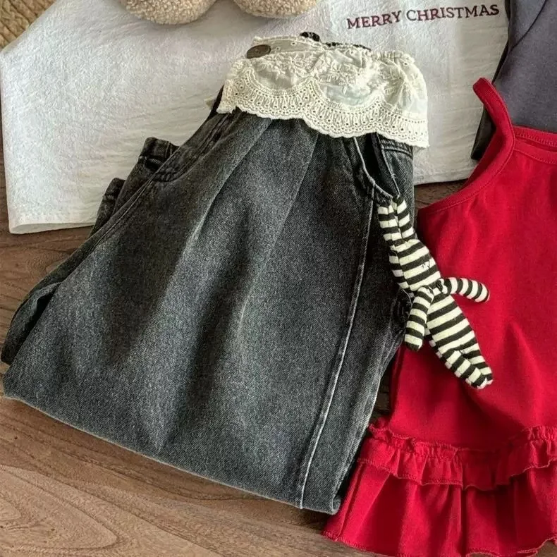 Frühling Herbst Spitzenbesetzte Gerade Jeans für Mädchen, Schlanke Weite Hosen, Weiche Baby- und Kinder-Freizeithosen für Draußen – Detail 7