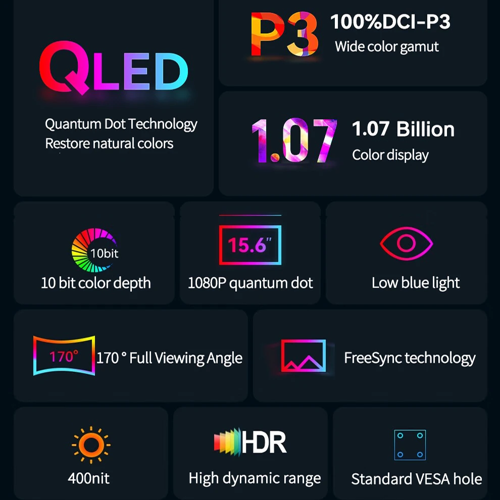 15,6 дюймовый QLED 100% DCI-P3 портативный монитор 1080P 1,07 млрд цветов 400Nit IPS дисплей игровой экран для ПК Mac Xbox PS4/5 Switch