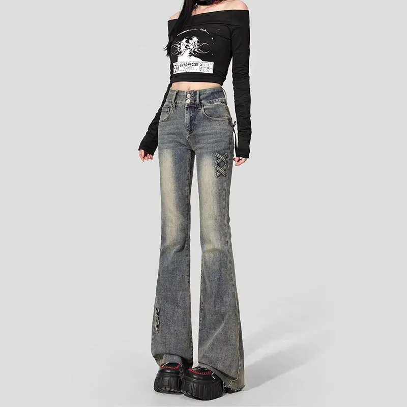 Jeans svasati con nodo a fiocco per donna Autunno Americana Vintage Blu Taglie forti Design snellente a vita alta